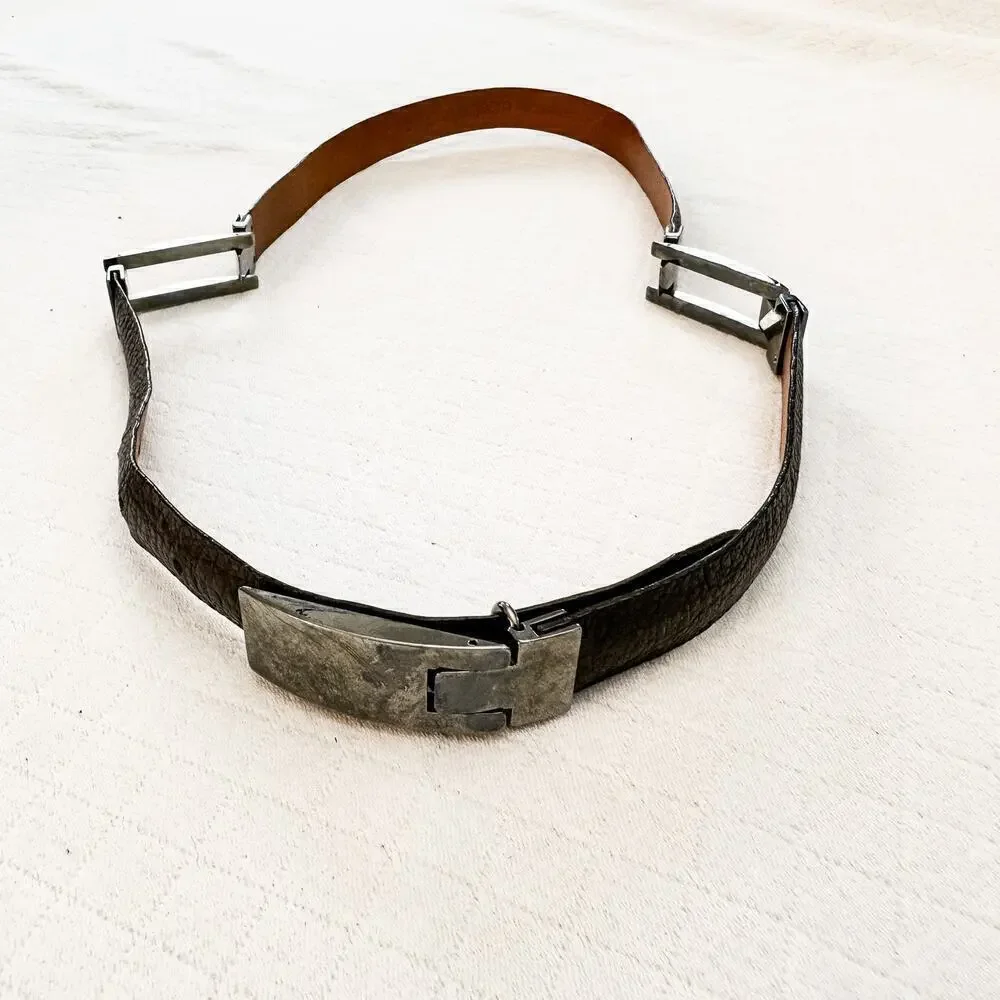 Joan Helpern Black Leather Belt Silver Buckles Size L